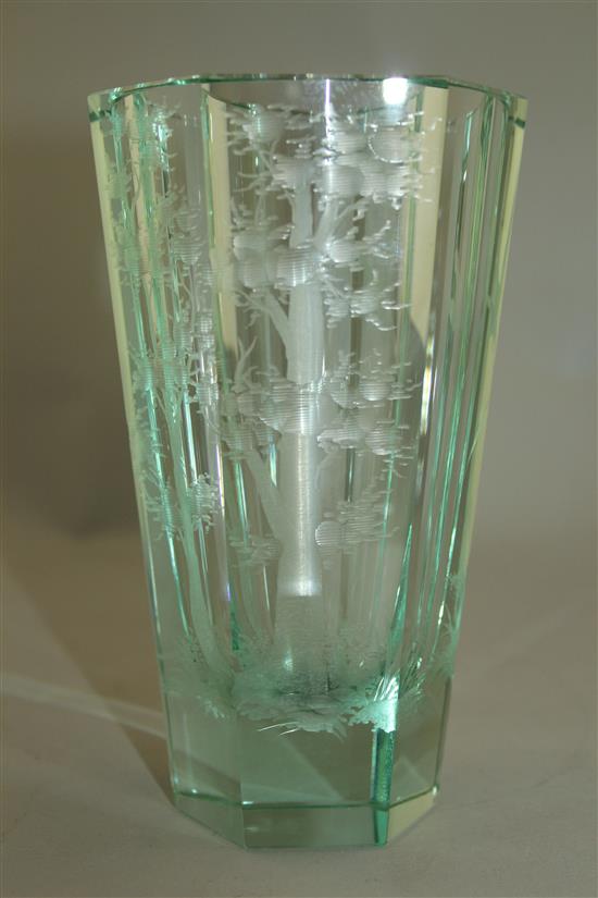 A Moser green tinted glass tapering hexagonal vase, 16.2cm.